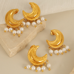 1 Paire De Boucles D'Oreilles À Tige Rétro Soleil/Lune En Acier Inoxydable Plaqué Or  Avec Perles Artificielles Pour Femme h5 Image3