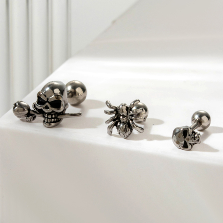 Boucles d'oreilles piercing pour femme, modèle classique tête de mort, en acier titane sans placage (1 pièce), collection Simple. 2