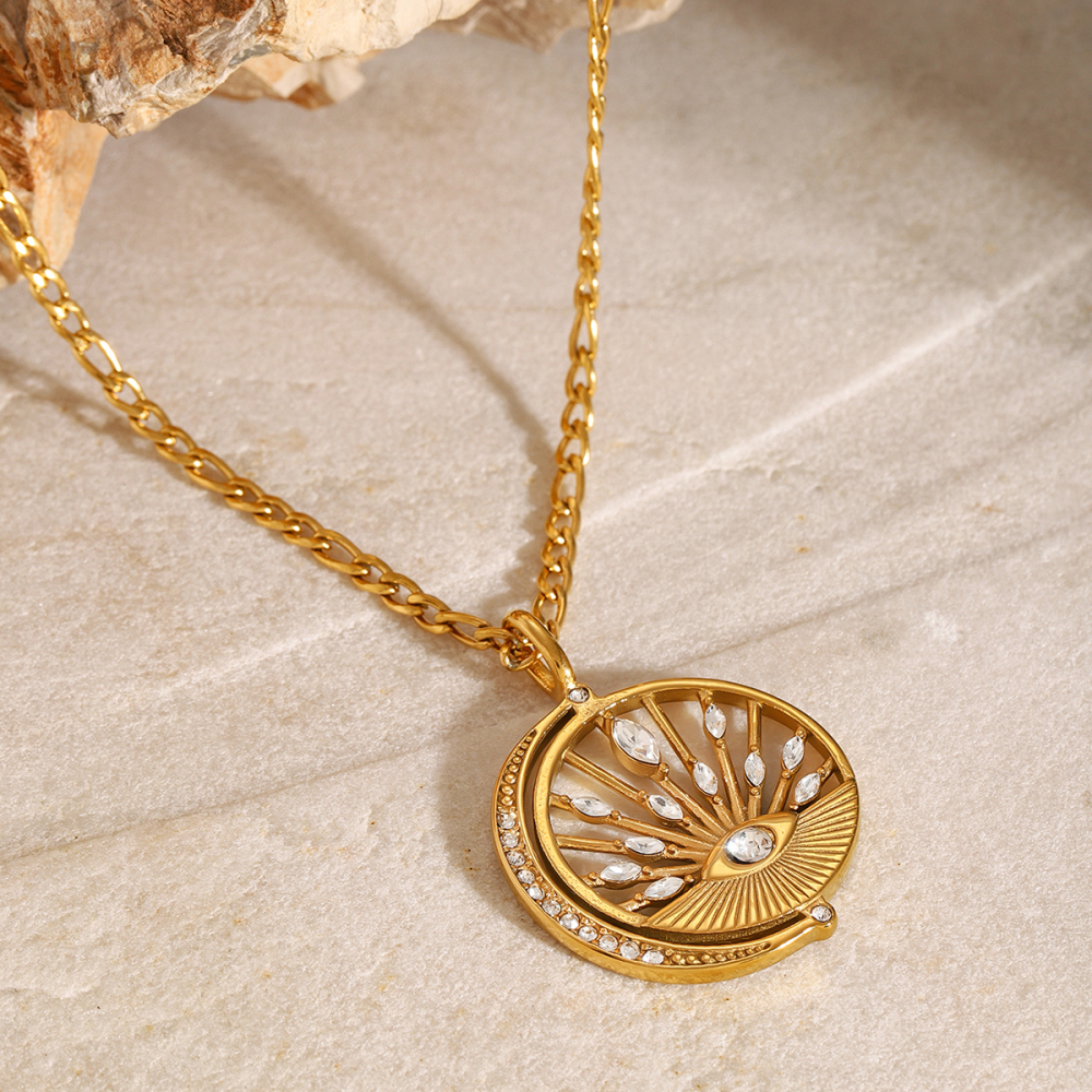 Collier Avec Pendentif En Forme D'Œil Rétro En Acier Inoxydable Plaqué Or Et Zircon Pour Femme, Série Simple, 1 Pièce h5Image3
