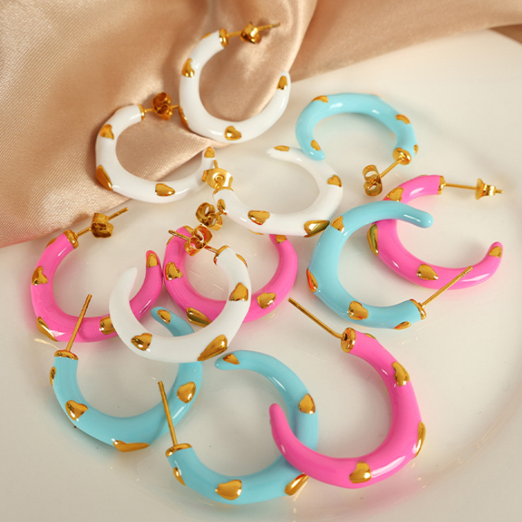 1 Paire De Boucles D'Oreilles Puces Romantiques En Forme De Cœur, En Acier Inoxydable Plaqué Or Pour Femme Image7