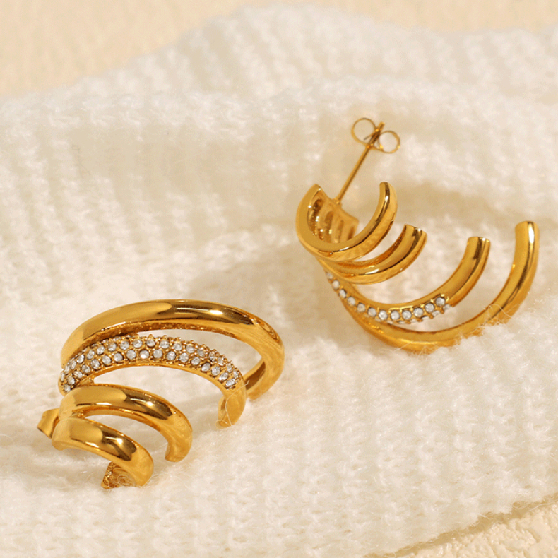 1 Paire De Boucles D'Oreilles À Tige Géométriques Rétro En Acier Inoxydable Plaqué Or  Avec Strass Pour Femme Image5