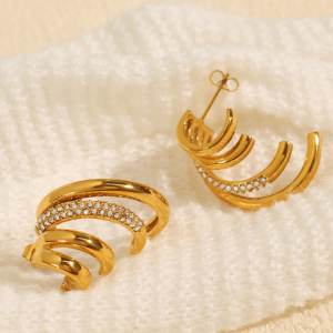 1 Paire De Boucles D'Oreilles À Tige Géométriques Rétro En Acier Inoxydable Plaqué Or  Avec Strass Pour Femme h5 Image5