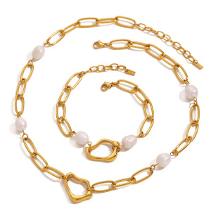Collier Élégant Avec Pendentif Géométrique En Acier Inoxydable Plaqué Or  Et Perles Artificielles Pour Femme, Série Classique, 1 Pièce h5 Image6