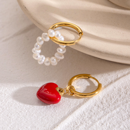 1 paire de boucles d'oreilles pendantes en acier inoxydable plaqué or  avec perles artificielles pour femme, série romantique, cœur doux