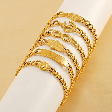 bracelet chaîne unisexe classique en acier inoxydable plaqué or , série simple, 1 pièce