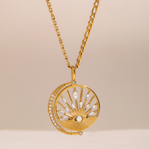 Collier Avec Pendentif En Forme D'Œil Rétro En Acier Inoxydable Plaqué Or Et Zircon Pour Femme, Série Simple, 1 Pièce h5 Image2