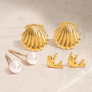 1 Paire De Boucles D'Oreilles Simples Pour Femmes, Série , Tortue, En Acier Inoxydable Plaqué Or , Perles Artificielles h5 Image2