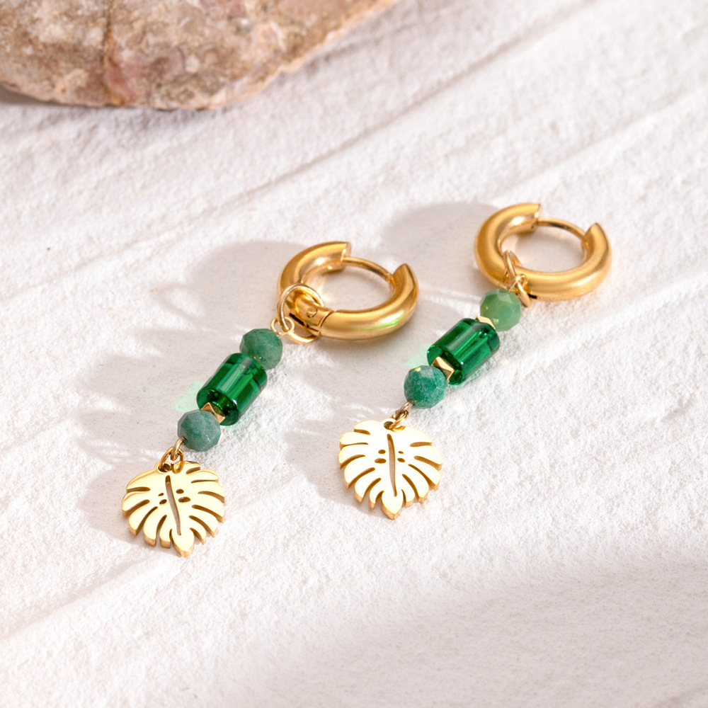 Boucles D'Oreilles Femme Style Ethnique Rétro, En Acier Inoxydable Plaqué Or, Ornées De Pierres Naturelles Et De Perles (1 Paire). Image3