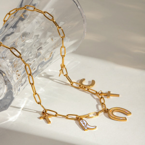 Bracelet À Breloques Pour Femme, Série Simple, Croix Classique, En Acier Inoxydable Plaqué Or h5 Image2