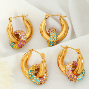 1 Paire De Boucles D'Oreilles Créoles Rétro Géométriques En Acier Inoxydable Plaqué Or  Avec Zircons Pour Femmes h5 Image7