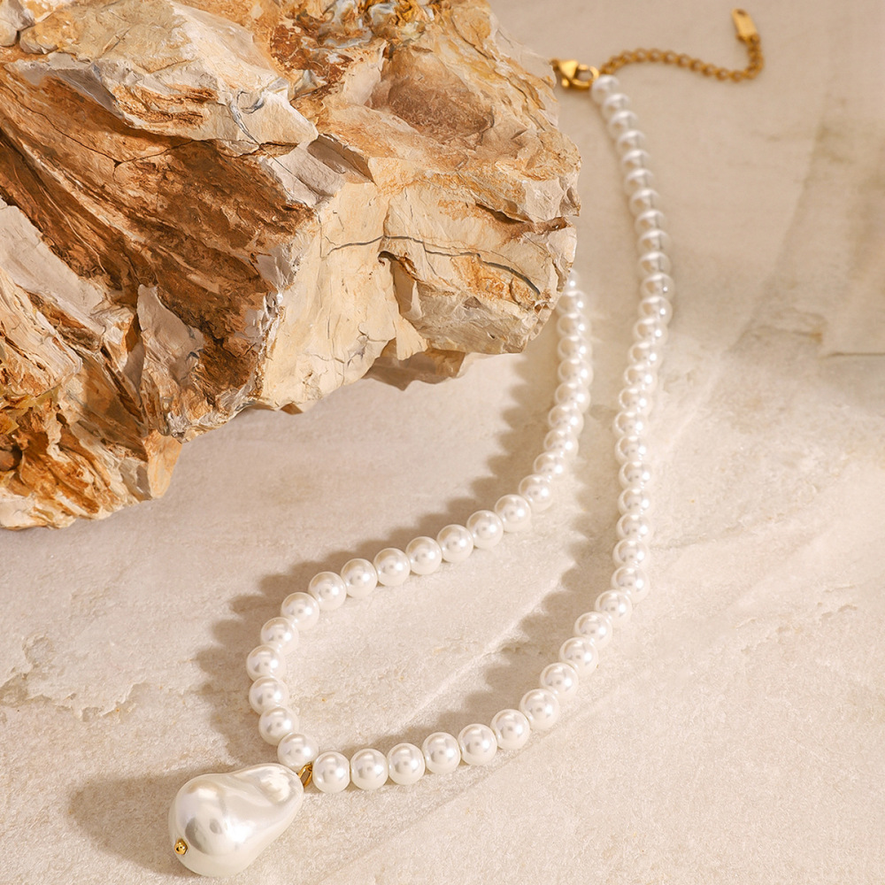 Collier Avec Pendentif En Perles Artificielles Pour Femme, Série Simple Rétro, En Acier Inoxydable Plaqué Or  Image4