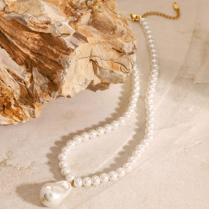 Collier Avec Pendentif En Perles Artificielles Pour Femme, Série Simple Rétro, En Acier Inoxydable Plaqué Or  h5 Image4