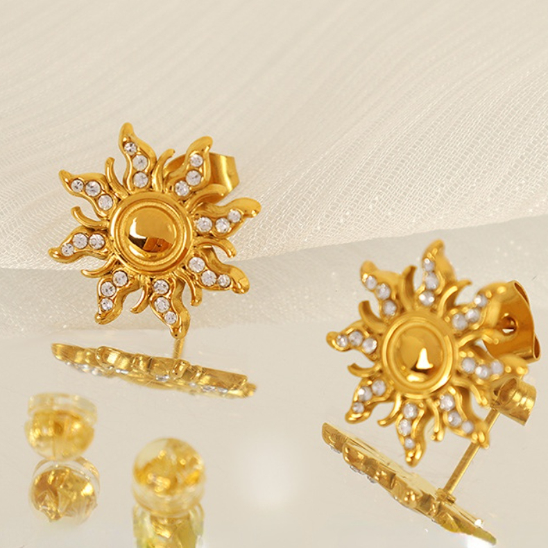 1 Paire De Boucles D'Oreilles À Tige Rétro Soleil/Lune En Acier Inoxydable Plaqué Or Avec Strass Pour Femme Image5