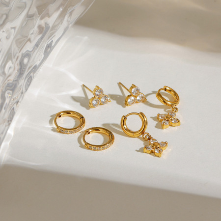 1 paire de boucles d'oreilles géométriques classiques en acier inoxydable plaqué or  et zircon pour femme