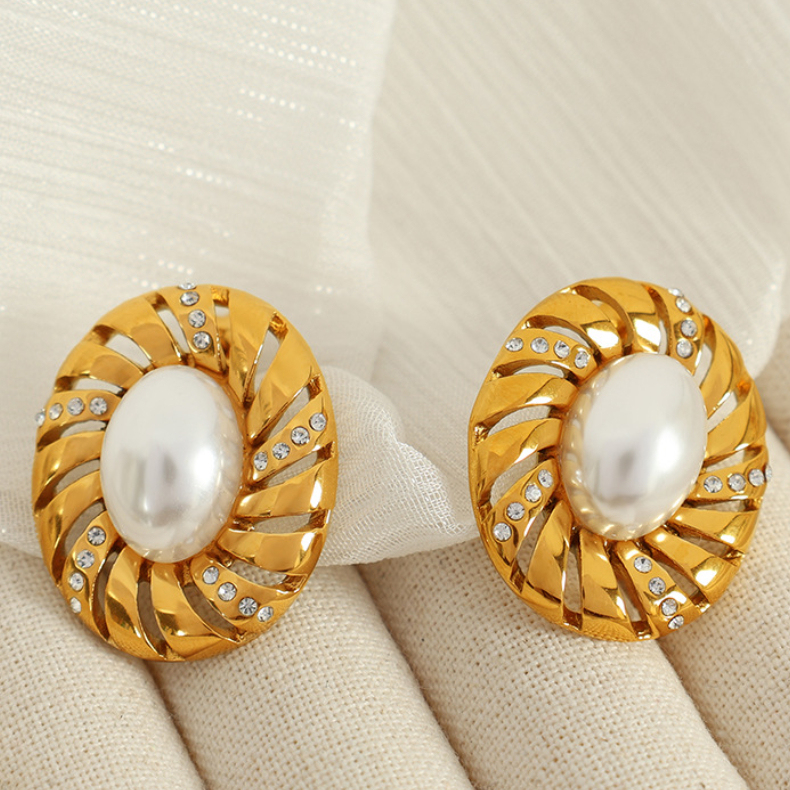 1 Paire De Boucles D'Oreilles À Tige Géométriques Rétro En Acier Inoxydable Plaqué Or  Avec Strass Pour Femme, Série Classique Image5
