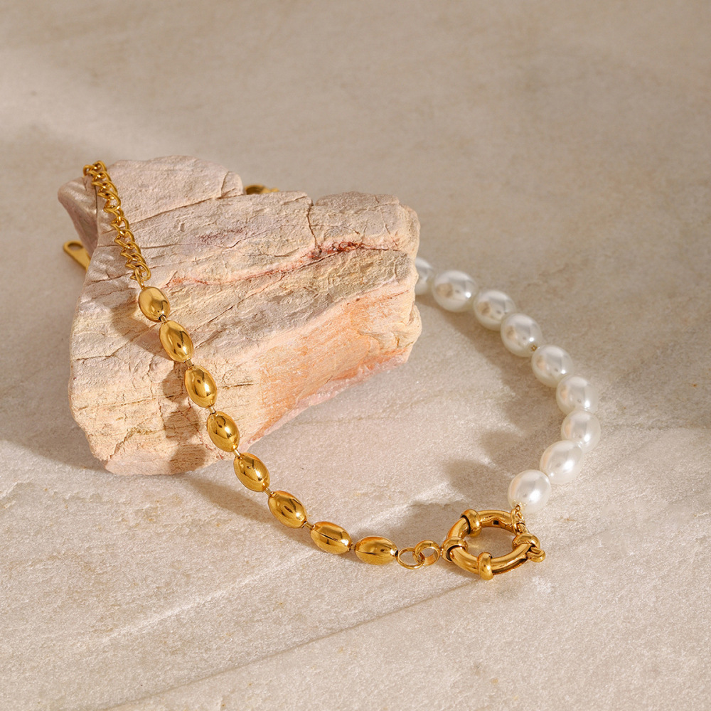 Bracelet De Perles Artificielles Ovales En Acier Inoxydable Plaqué Or Pour Femme, Série Classique , 1 Pièce h5Image3