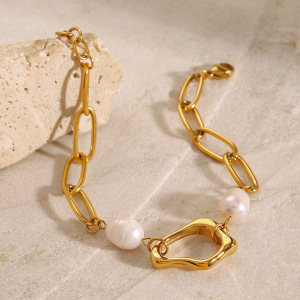 Bracelet Chaîne Élégant Géométrique En Acier Inoxydable Plaqué Or  Avec Perles Artificielles Pour Femme, Série Simple, 1 Pièce h5 Image2