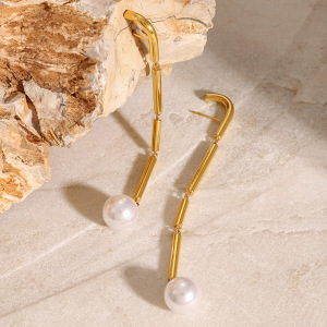 1 Paire De Boucles D'Oreilles Pendantes Pour Femme, En Acier Inoxydable Plaqué Or, Avec Perles Artificielles, Collection Classique. h5 Image5