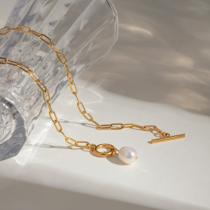 Collier Avec Pendentif Géométrique Classique En Acier Inoxydable Plaqué Or  Et Perles Artificielles Pour Femme, Série Simple, 1 Pièce h5 Image3