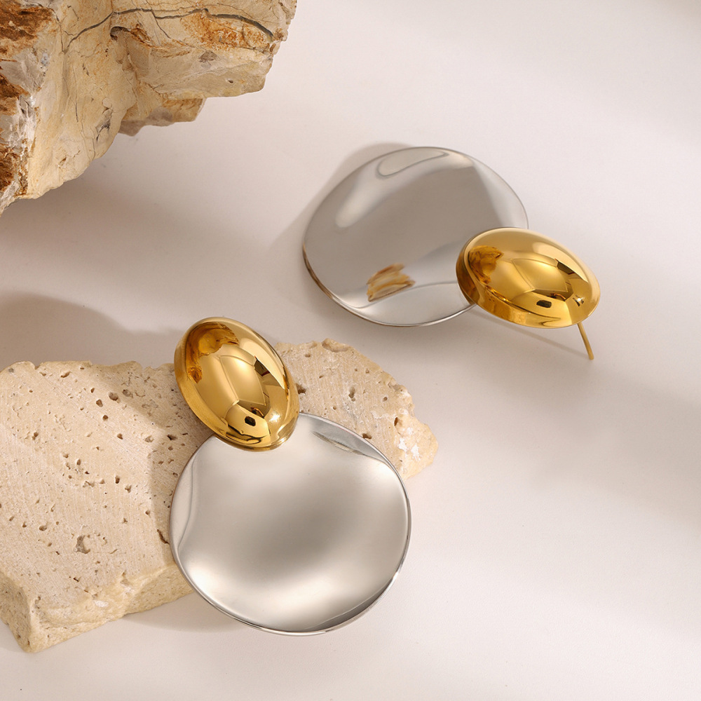 1 Paire De Boucles D'Oreilles À Tige Rondes En Acier Inoxydable Plaqué Or  Pour Femmes, Série Simple  Image4