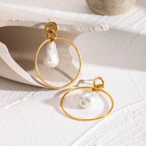 1 Paire De Boucles D'Oreilles Pendantes Géométriques Élégantes En Acier Inoxydable Plaqué Or  Avec Perles Artificielles Pour Femmes h5 Image4