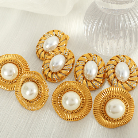 1 paire de boucles d'oreilles à tige géométriques rétro en acier inoxydable plaqué or  avec strass pour femme, série classique