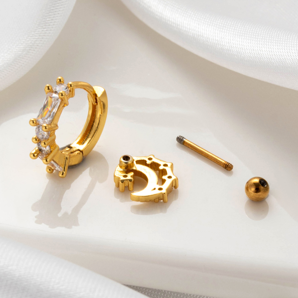 Boucles D'Oreilles Piercing Femme Simple Series Classic Soleil/Lune En Cuivre Sans Placage Avec Zircon h5Image7