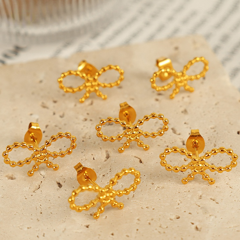 1 Paire De Boucles D'Oreilles À Tige Pour Femme En Acier Inoxydable Plaqué Or , Série Simple, Avec Nœud Papillon Image5