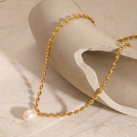 collier avec pendentif en perles artificielles pour femme, série classique rétro, en acier inoxydable plaqué or 2