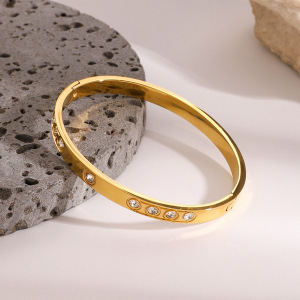 Bracelet Rond En Acier Inoxydable Plaqué Or  Avec Strass Pour Femme, Série Simple , 1 Pièce h5 Image5