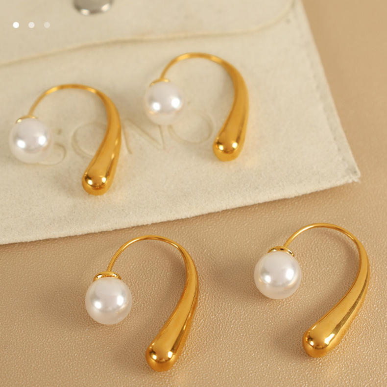 1 Paire De Boucles D'Oreilles À Tige Géométriques Simples En Acier Inoxydable Plaqué Or  Avec Perles Artificielles Pour Femmes Image5