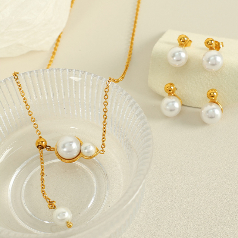 Ensemble De Colliers Pour Femmes, 1 Paire, Série Simple, Géométrique, En Acier Inoxydable Plaqué Or, Perles Artificielles h5Image4