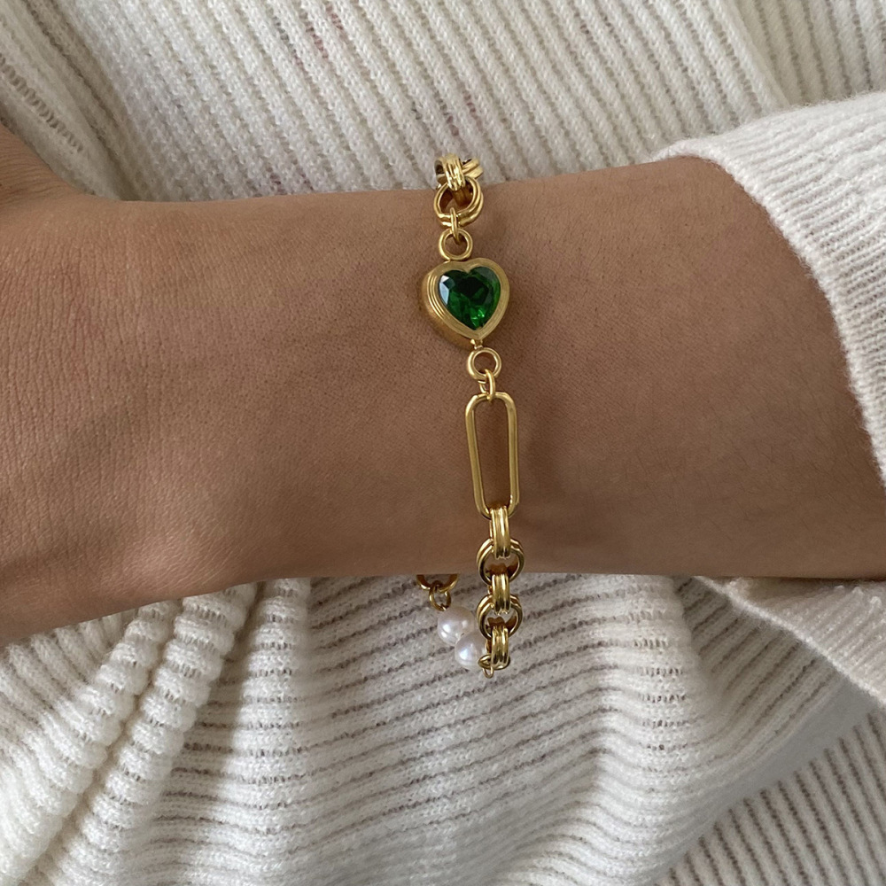 Bracelet Chaîne Pour Femme En Acier Inoxydable Plaqué Or  Avec Perles Artificielles, Série Romantique, Cœur Doux Image3