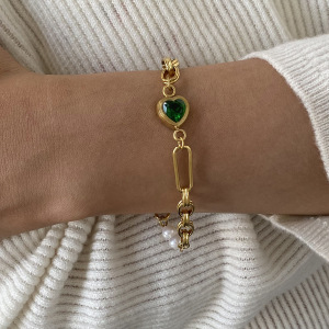 Bracelet Chaîne Pour Femme En Acier Inoxydable Plaqué Or  Avec Perles Artificielles, Série Romantique, Cœur Doux h5 Image3