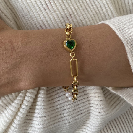bracelet chaîne pour femme en acier inoxydable plaqué or  avec perles artificielles, série romantique, cœur doux 2