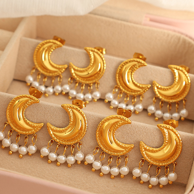 1 Paire De Boucles D'Oreilles À Tige Rétro Soleil/Lune En Acier Inoxydable Plaqué Or  Avec Perles Artificielles Pour Femme Image7