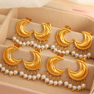 1 Paire De Boucles D'Oreilles À Tige Rétro Soleil/Lune En Acier Inoxydable Plaqué Or  Avec Perles Artificielles Pour Femme h5 Image7
