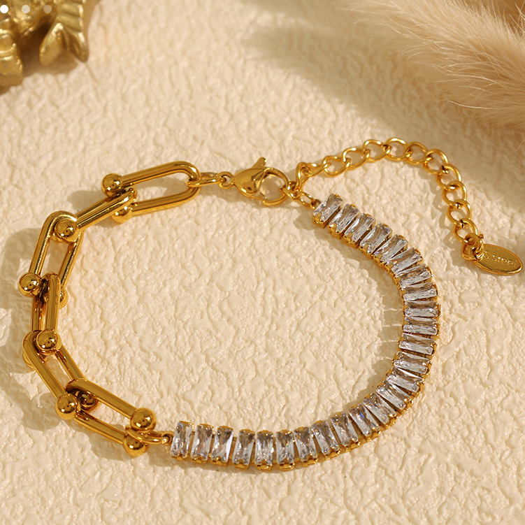 Bracelet À Breloques Géométrique Simple En Acier Inoxydable Plaqué Or Avec Strass Pour Femme, Série Luxueuse, 1 Pièce h5Image6