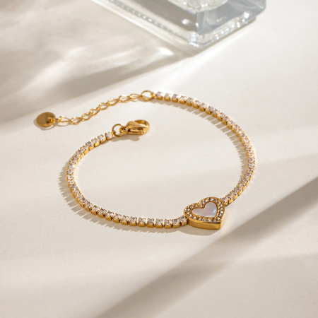 bracelet à breloques pour femme en acier inoxydable plaqué or  avec strass, série simple sweet heart