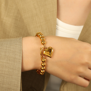 Bracelet À Breloques Pour Femme En Acier Inoxydable Plaqué Or , Série Simple, Motif Cœur Simple, 1 Pièce h5 Image6