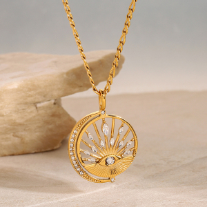 Collier Avec Pendentif En Forme D'Œil Rétro En Acier Inoxydable Plaqué Or Et Zircon Pour Femme, Série Simple, 1 Pièce h5 Image5