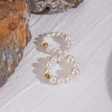 1 paire de bagues pour femme en acier inoxydable plaqué or , série simple, perles élégantes