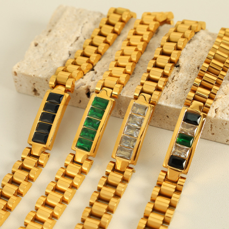 bracelet chaîne géométrique rétro en acier inoxydable plaqué or  et zircon pour femme, série simple, 1 pièce