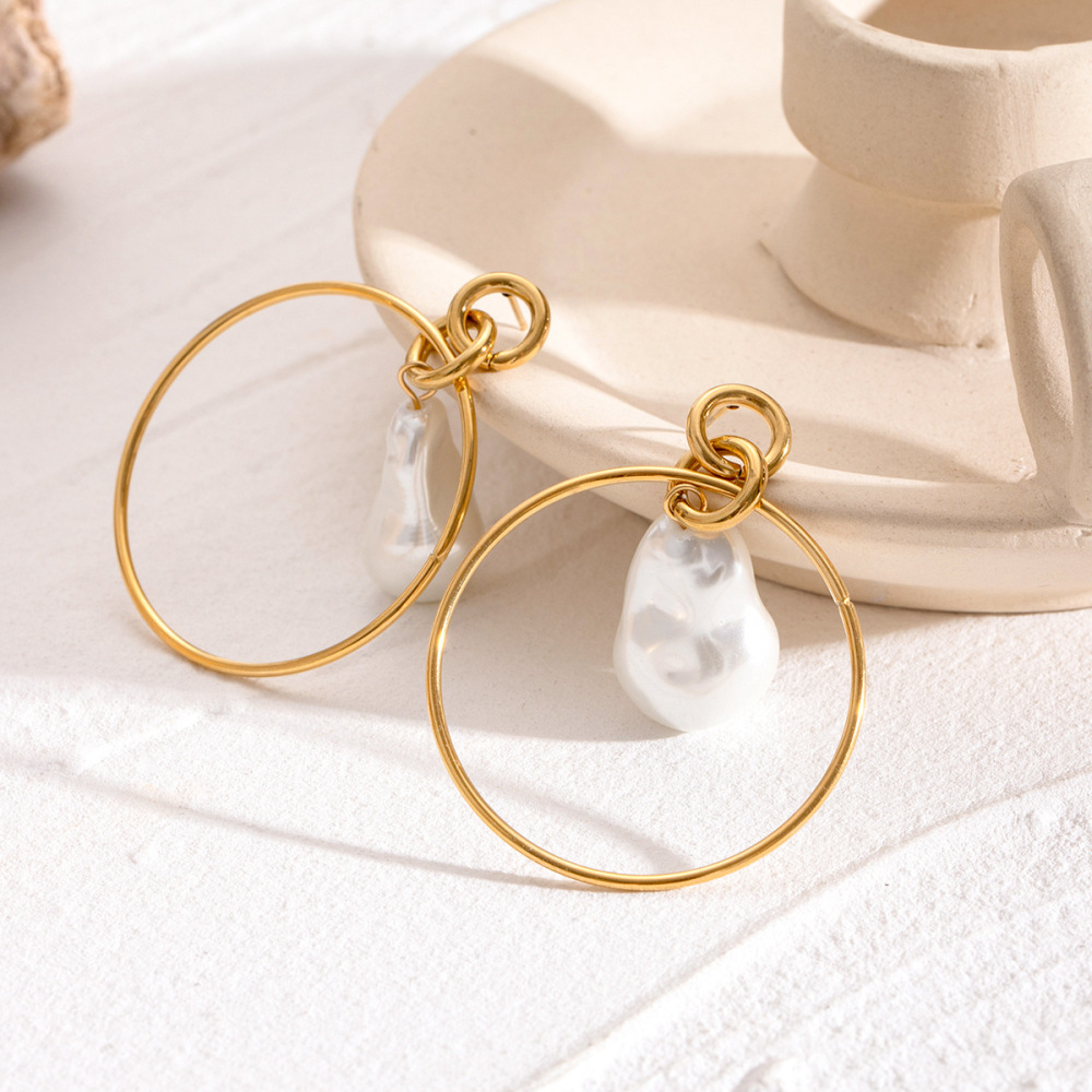1 Paire De Boucles D'Oreilles Pendantes Géométriques Élégantes En Acier Inoxydable Plaqué Or  Avec Perles Artificielles Pour Femmes Image5