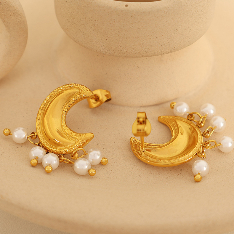 1 Paire De Boucles D'Oreilles À Tige Rétro Soleil/Lune En Acier Inoxydable Plaqué Or  Avec Perles Artificielles Pour Femme Image4