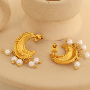1 Paire De Boucles D'Oreilles À Tige Rétro Soleil/Lune En Acier Inoxydable Plaqué Or  Avec Perles Artificielles Pour Femme h5 Image4