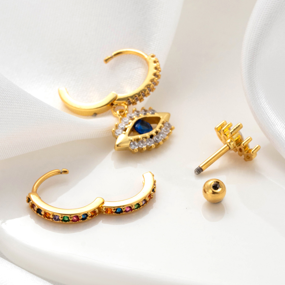 Boucles D'Oreilles Piercing Pour Femme, Collection Simple, Classique, Œil, En Cuivre Sans Placage, Avec Zircon. Image8
