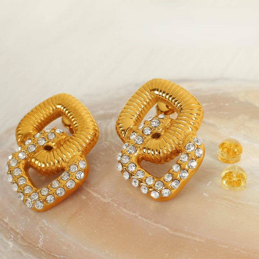 1 Paire De Boucles D'Oreilles Puces Pour Femme, Style Rétro Géométrique Classique, En Acier Inoxydable Plaqué Or Et Strass. Image3