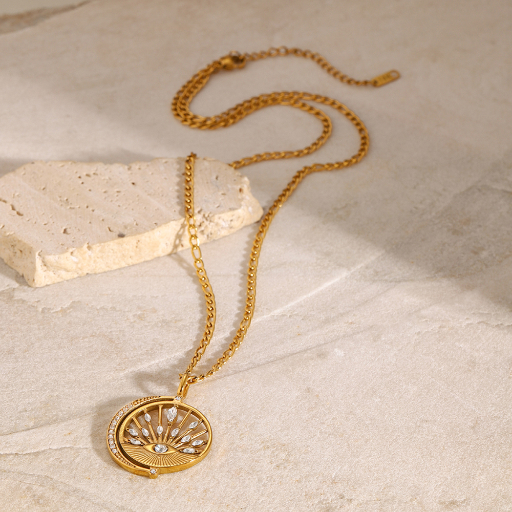 Collier Avec Pendentif En Forme D'Œil Rétro En Acier Inoxydable Plaqué Or Et Zircon Pour Femme, Série Simple, 1 Pièce h5Image4