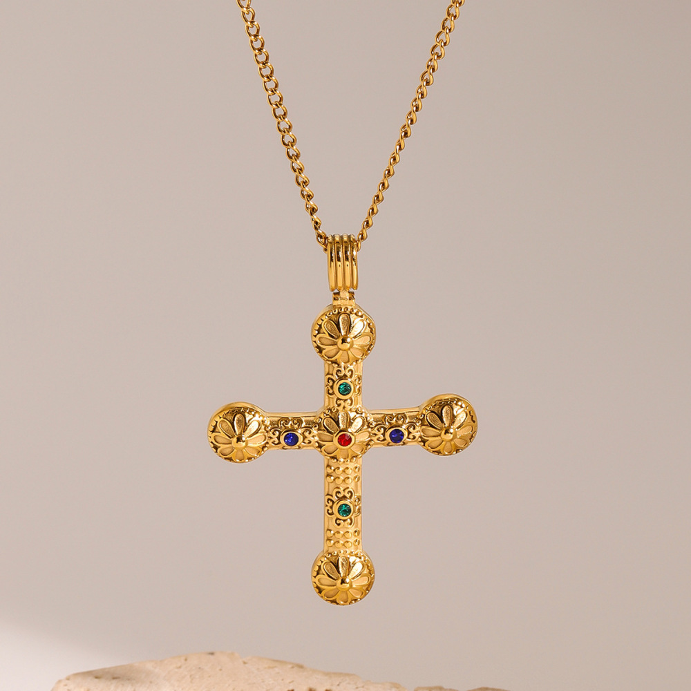 Collier Avec Pendentif Croix En Acier Inoxydable Plaqué Or Et Strass Pour Femme, Série Classique, h5Image3